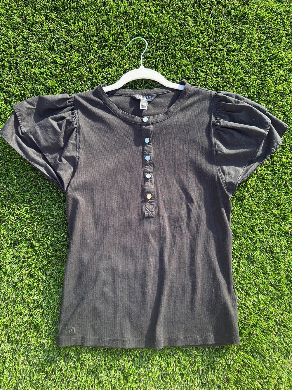 Ralph Lauren Black Puff-Sleeve Button Henley Tee